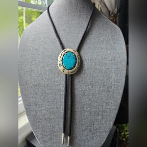 Vintage Bell Trading southwestern bolo tie nickle silver faux turquoise symbols